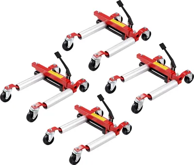 Four red car dollies are arranged in a grid on a white background.