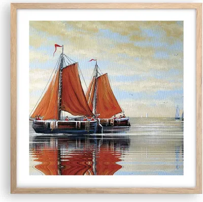 Produktbild von Gerahmtes Poster - Rahmen in heller Eiche - Segelschiffe Öl Orange - 50x50 cm - Wand Bild - Wanddeko - Wandbilder - Kunstposter - Wandposter - Bilderrahmen - Bilder - Kunstdruck - P2NAC50x50-4404