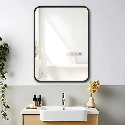 Produktbild von Badezimmerspiegel 70x50 cm Wandspiegel Groß Badspiegel ohne Beleuchtung Rechteckig mit Schwarz Metall Rahmen Dekorative Spiegel für Badezimmer, Wohnzimmer, WC, Flur K