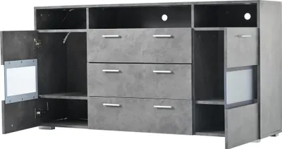 Produktbild von Merax Hochglanz Sideboard mit LED und Acryltüren, Kommode mit 2 Türen und 3 Schubladen, Unterschrank mit 3 offene Fächer für Wohnzimmer, Grau