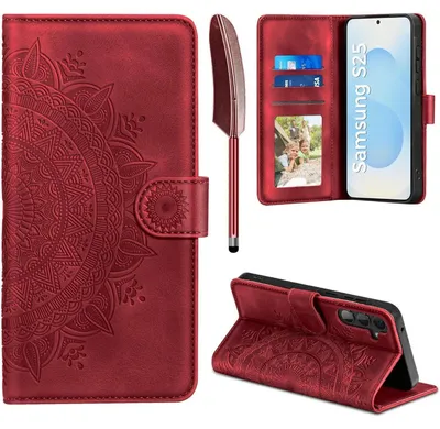 Produktbild von Kunstlederhülle für Samsung Galaxy S25 5G Flip Wallet Rot mit Kartenfach und Standfunktion