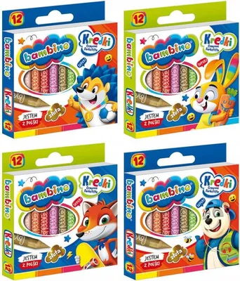 Four boxes of Bambino crayons, each featuring a cartoon animal character.