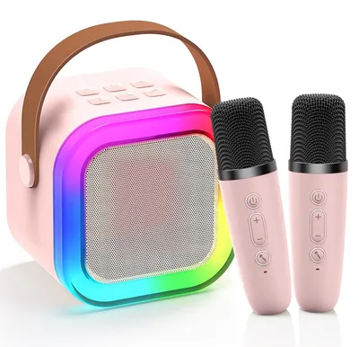 Productafbeelding van Mini-karaoke-machine met 2 draadloze microfoons - Draagbare bluetooth-luidspreker met stemwisselende effecten