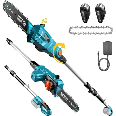 Produktbild von Akku-Hochentaster - Elektrische Kettensäge - 20 cm Schwert - 2,5 m Teleskopstange - Bürstenloser Motor - 2 x 2-Ah-Akkus - Gartenwerkzeug