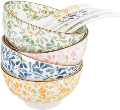 Produktbild von 4 Müslischalen aus Keramik im japanischen Stil mit Löffeln, kleine Schalen für Suppe und Dessert, spülmaschinen- und mikrowellengeeignet