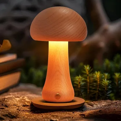 Produktbild von Holzlampe im Pilzdesign – Kabellose Tischlampe – Stimmungslicht – Stufenlos dimmbar – 11 x 11 x 16 cm – Holzfarbe