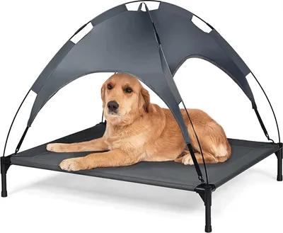 Produktbild von Hundeliege mit Baldachin, Erhoehtes Hundebett Hundeliegeplatz aus Stoff, Haustierbett mit Dach, Schlafplatz für Hunde bis 50 kg, Haustierbett für Indoor & Outdoor (XL)