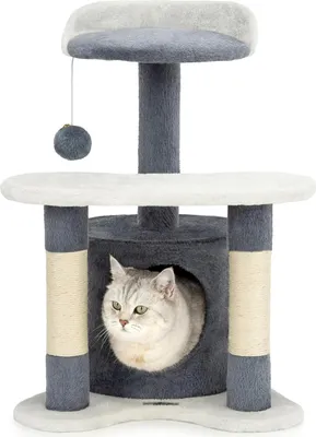 Produktbild von 65 cm große Kratzsäule mit Höhle und Plüschball - grau-weiß - für kleine und große Katzen