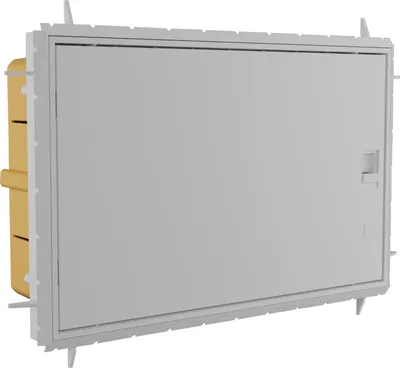 A 3D rendering of a gray electrical distribution box with a yellow interior, mounted on a white background.