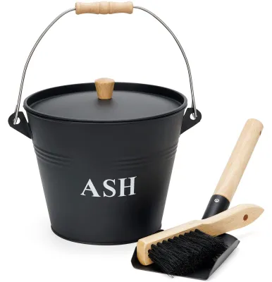 Produktbild von Mini-Ascheimer mit Deckel, Schaufel und Besen, Metall-Eimer für den Kamin