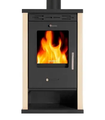 A front view of a black and beige wood-burning stove with flames visible inside.