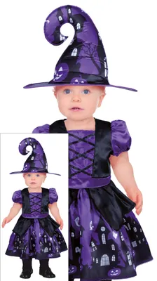 Immagine prodotto di Strega Halloween Costume Viola Nero Cappello Magico Zucca Bambino Carino Magico Spaventoso Fantasmi Fiaba Pittoresco Notte Misteriosa Incantata, Taglia: 74/80 Colore: Nero