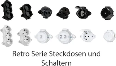A collage of various retro-style electrical outlets and switches in black and white.