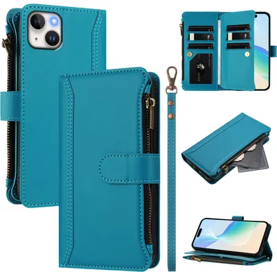 Obrázek produktu pro Pouzdro pro iPhone 15 Plus, zipem, peněženkovéPolyuretankožené flip pouzdro s kapsami na karty, stojánkem a poutkem na ruku Jezerní modrá