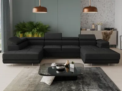 Produktbild von Wohnlandschaft Caris U mit Schlaffunktion und einstellbare Kopfstützen, Ecksofa mit zwei Bettkästen, Couch, Sofa, Bettsofa (Schwarz (Kronos 07), Ecksofa Rechts)