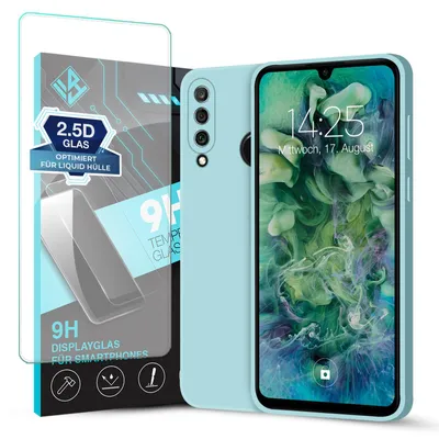 Produktbild von Hülle für Huawei P30 Lite mit 9H Displayglas Displayschutz Case Cover Bumper Smartphone Softgrip Schutzhülle Farbe: Hellblau