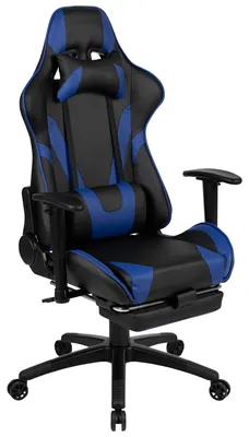 Immagine prodotto di Sedia da gaming regolabile - Rivestita in ecopelle blu - Design ergonomico per un comfort ottimale - Con poggiapiedi