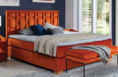 Produktbild von Casa Padrino Luxus Doppelbett Orange / Naturfarben - Verschiedene Größen - Modernes Massivholz Bett mit Kopfteil - Moderne Schlafzimmer Möbel - Luxus Kollektion