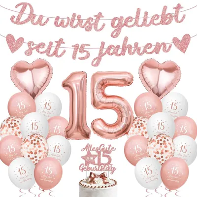 Produktbild von Geburtstagsdeko 15. Geburtstag Mädchen Rosegold Set mit Luftballons, Girlande, Tortendeko & XXL Zahlenballon