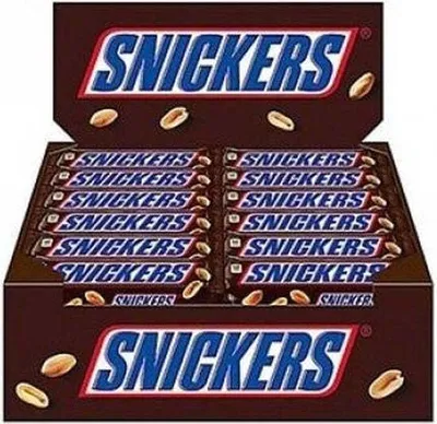 A display box filled with Snickers candy bars.