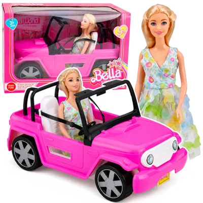Productafbeelding van Bella pop in kleurrijke jurk roze cabrioletwagenset