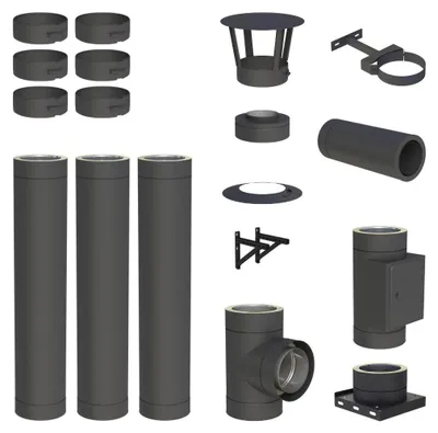 Produktbild von 3,8 m Edelstahlschornstein Ø 150 mm Komplettset doppelwandig DW-Black Wandmontage
