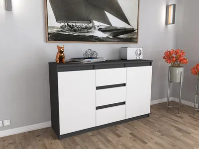 Zdjęcie produktu dla AZ team ® Duża Komoda z Szufladami ANTRACYT BIAŁA Szafka 120CM Bezuchwytowa do Salonu i Sypialni 2 drzwi 3 szuflady