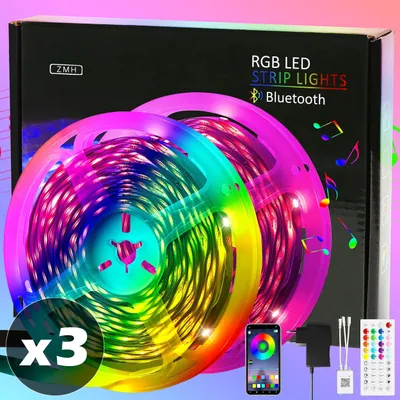 Immagine prodotto di Striscia LED ZMH "3 pezzi Striscia LED Smart - Striscia LED RGB 16 milioni di colori - Catena luminosa musicale regolabile con telecomando Controllabile tramite app, in totale 90 metri di striscia luminosa - Illuminazione a LED per la casa, la festa, la decorazione del mobile, la decorazione della TV", 16 milioni di colori, controllo tramite app, sincronizzazione musicale, sensibilità regolabile, dimmerabile