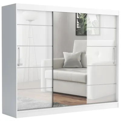 Produktbild von Schwebetürenschrank TOMY, 2-türig Schrank, Weiß / Weiß Hochglanz, 235 cm Kleiderschrank mit 4 Schubladen, Spiegel, Kleiderstangen und Regalen