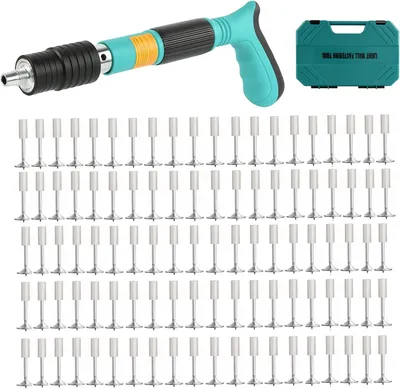 Produktbild von Stahl-Nagelpistole mit 110 Stück Betonnägeln, Nagler-Nietpistole Set inkl. Handschuhe, Brille & Ohrstöpsel