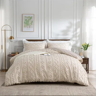Productafbeelding van Bettlaken set 200x200 cm, beige, 3-delig. Getufted, geometrisch design. Microvezel. Omkeerbaar beddengoed met rits en 2 kussenslopen van 80x80 cm