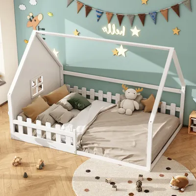 Obrázek produktu pro MODFU Dětská postel 140x200 cm s ochranou proti pádu, dům postel pro dospívající, postel pro rodiče a dítě, borovicová postel s laťovým roštem, Bílá (bez matrace)