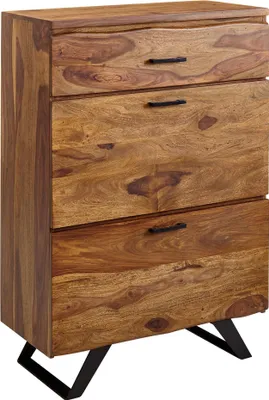 Kommode mit vier Schubladen aus Sheesham-Massivholz und schwarzen Metallbeinen in Gesamtansicht.