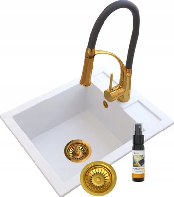 Obrázek produktu pro Granitan | Granitový dřez – BEST – 1-komorový – se zlatou baterií – se sifonem – bílý – 50 x 40 cm – pro skříňky od 40 cm