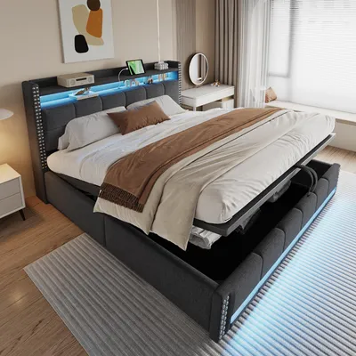 Produktbild von okwish Polsterbett 180X200 Doppelbett mit Matratze und Bettkasten,Jugendbett mit LED-Beleuchtung und USB-Steckdose,aus Leinenstoff,Grau