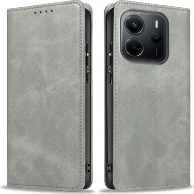 A gray flip cover phone case is shown from two angles, open and closed, against a white background.