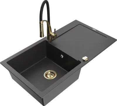 Produktbild von Mexen Leo 1 Becken-Granitspüle mit Abtropffläche und Mischbatterie Aster, Schwarz gesprenkelt - 6501-76-73450-57-G