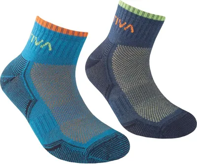 Bunte Kinderlaufsocken von La Sportiva in Blau und Grau mit orangefarbenem und grünem Bund.