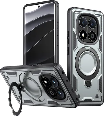 Produktbild von Dual Layer Hülle für Xiaomi Redmi Note 14 Pro Metall Ring Ständer Magnetisch Stoßfest Militär Handyhülle Grau