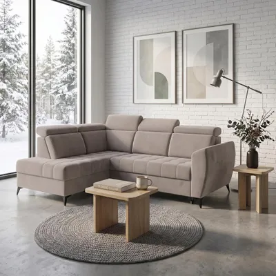 Produktbild von Ecksofa AURORA II L-Form mit Schlaffunktion und Bettkasten, Ottomane links, verstellbare Kopfstützen, Velours VENA Beige, Wohnlandschaft