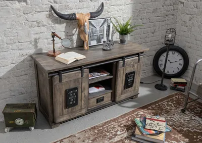 Produktbild von MASSIVMOEBEL24 Sideboard Mango 128x45x70 grau lackiert RAILWAY #202