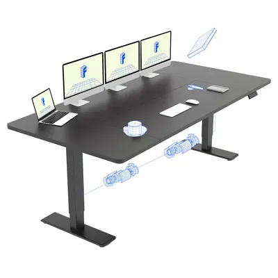 A black height-adjustable desk with multiple monitors, a laptop, a coffee cup, and a mouse.