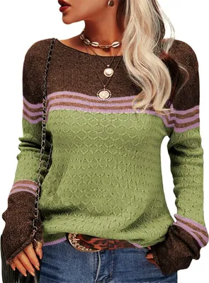 Produktbild von AKSA Damen Strickpullover Pullover Herbst Winter Langer Oversize Pulli Sweater Langarm Duenne Elegant Rundhals Sweatshirt Casual Winterpullover,Armeegruen,S