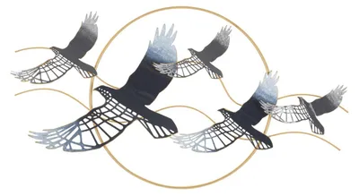 Zdjęcie produktu dla Panel ścienny Bird z żelaza, stado i złote okręgi