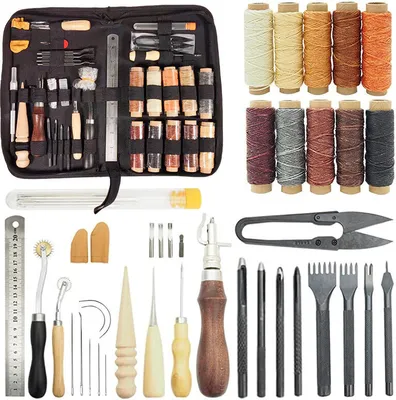 Produktbild von 52-teiliges Leder-Nähwerkzeug-Set, DIY-Leder-Werkzeug-Set mit 10 Farben gewachstem Faden, Prisma-Lochstanzer, Lederlocher, Nähnadel, Presswerkzeug, Ahle zum Nähen