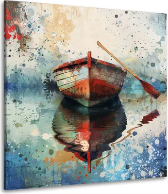 Produktbild von Abstrakt Boot auf ruhigem See Leinwandbild Wandbild Kunstdruck XL Wanddeko: 150x150x4cm