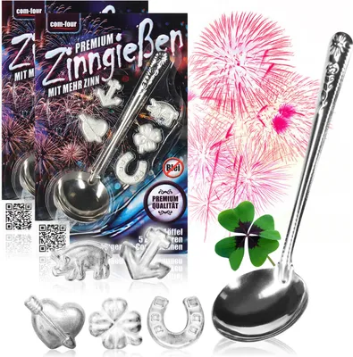 Produktbild von com-four® Premium Zinngießen mit 10 extra schweren Figuren und 2 Löffeln, Silvestergießen das Wahrsagerei-Partyspiel die gesunde Alternative zum Bleigießen - big pack