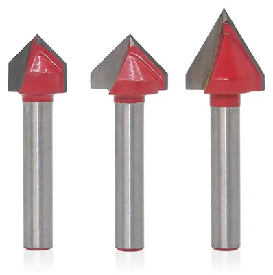 Imagen del producto de Juego de fresas en V, de 3 piezas, con vástago de 6 mm, ángulos de 60° y 90°, para trabajos en madera