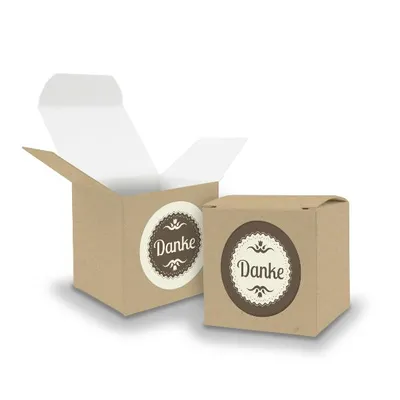 Produktbild von SET DANKE (Motiv35) 24x Faltschachtel Würfel 6,5cm BRAUN + Sticker