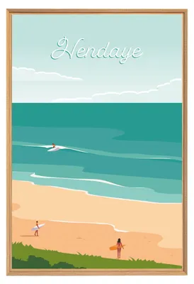 Image de Tableau mural encadré illustration plage d'Hendaye 65x97 cm, Tableau mural moderne pour décoration intérieure
